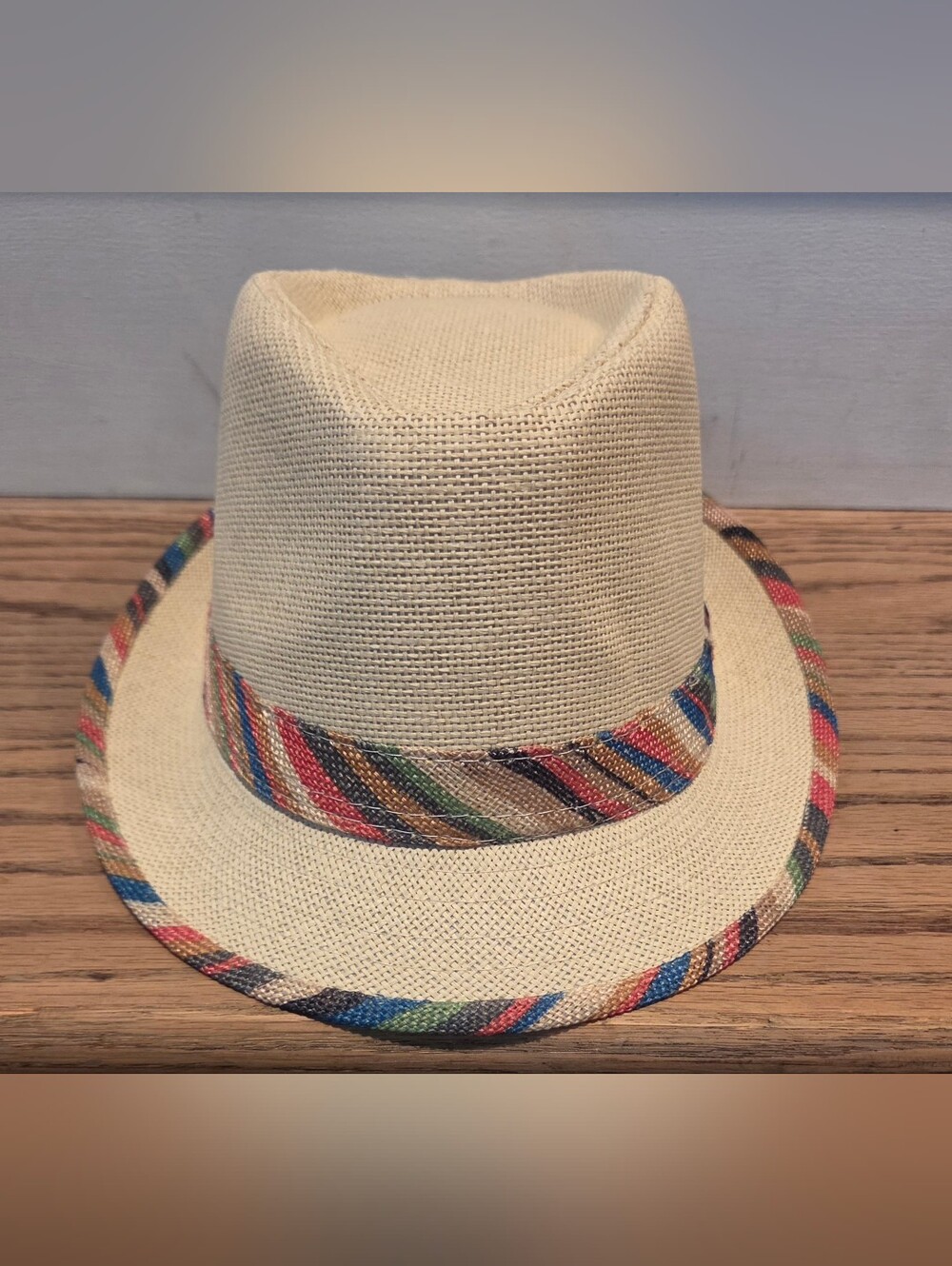 Hat - Boys - Size: Youth - Fedora - Paper/Straw - Cream w/Multi-colored Bands